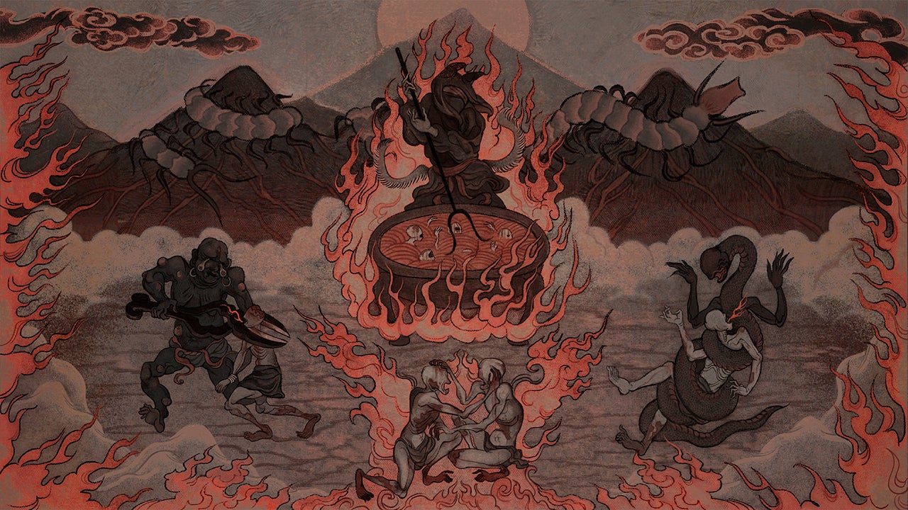 A feudal Japanese-style mural of demons tormenting souls in fire - 1