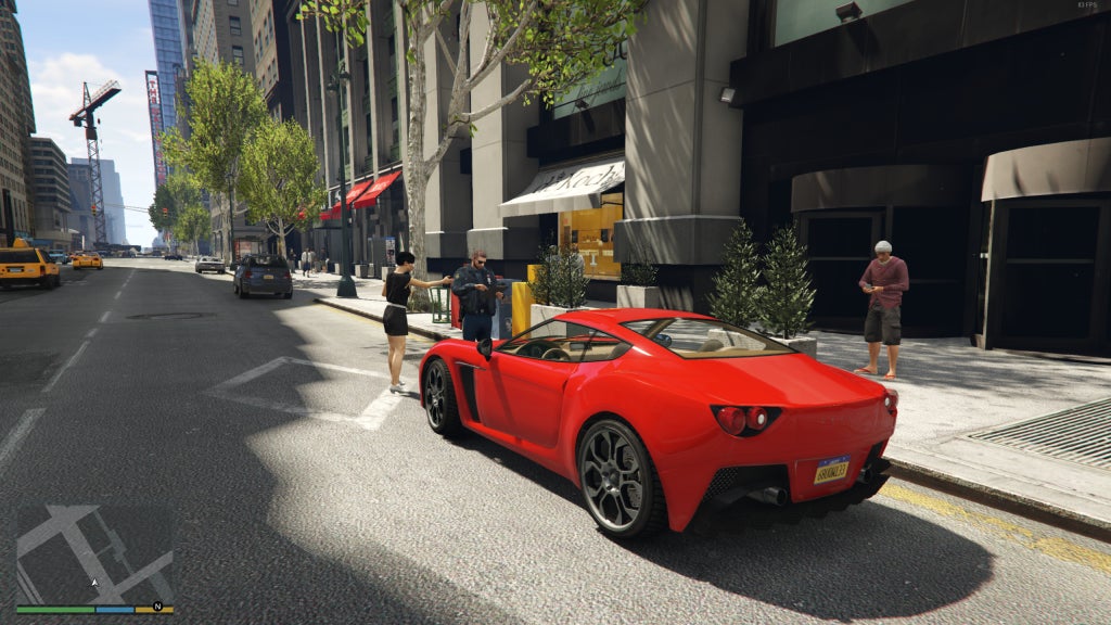 A view of a red car parked outside a club in a GTA 5 mod that recreates GTA 4's Liberty City - 1