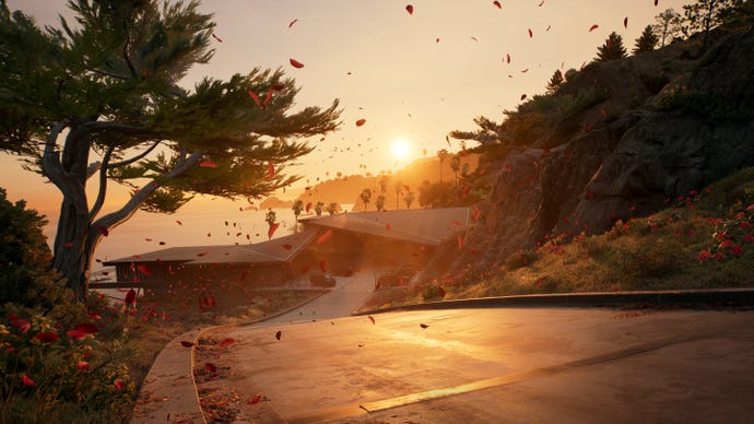 A screenshot of Dead Island 2's Haus DLC, showing the road to the titular house against the sunset.