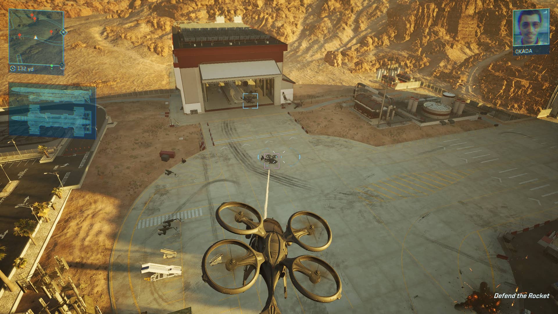 A screenshot of MindsEye, showing the player piloting a combat drone shooting other combat drones with missiles.