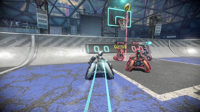 Drag x Drive screenshot showing your player in blue darting towards three opponents and their hoop