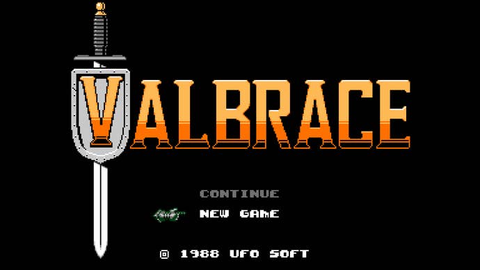 The title screen for Valbrace in UFO 50 showing a sword and shield.
