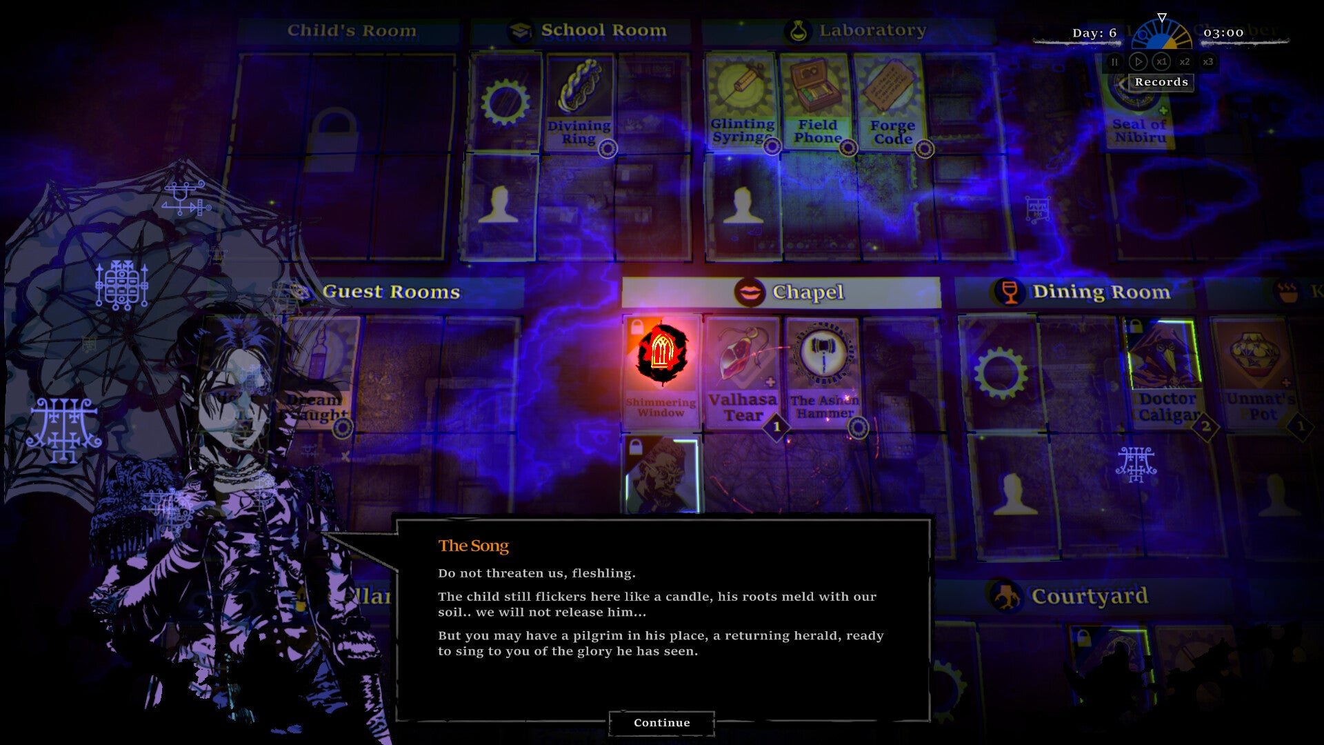 A screenshot from The Horror At Highrook, showing a blueprint-style view of a house layout with cards representing characters and items, plus some swirly paranormal effects. In the foreground, a spectral entity is speaking about a missing child. - 34