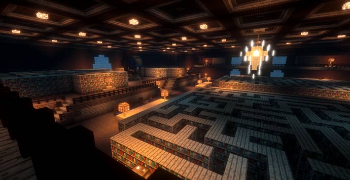 A maze created using MightyOne’s Minecraft mod the Tangled Maze Generator - it takes the form of a shadowy underground library