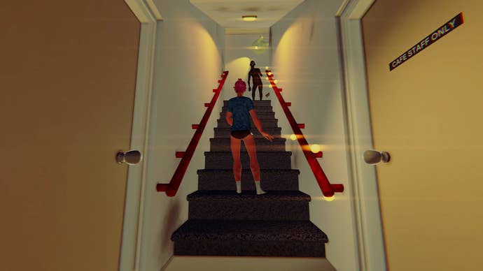 A man in his pants looking up at a ghostly figure at the top of some stairs in Janet DeMornay Is A Slumlord (And A Witch)