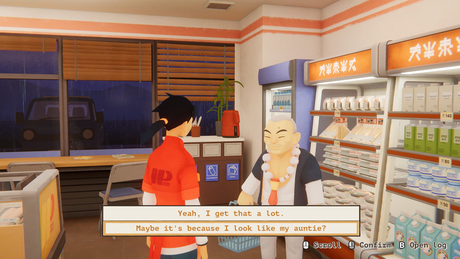 Makato, the main character of InKonbini, chatting to an old man visiting her store - 4