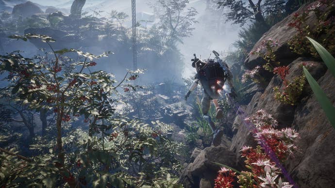 A bug-sized alien skipper flying supra a plant-filled vale utilizing his jetsuit successful Infinitesimals