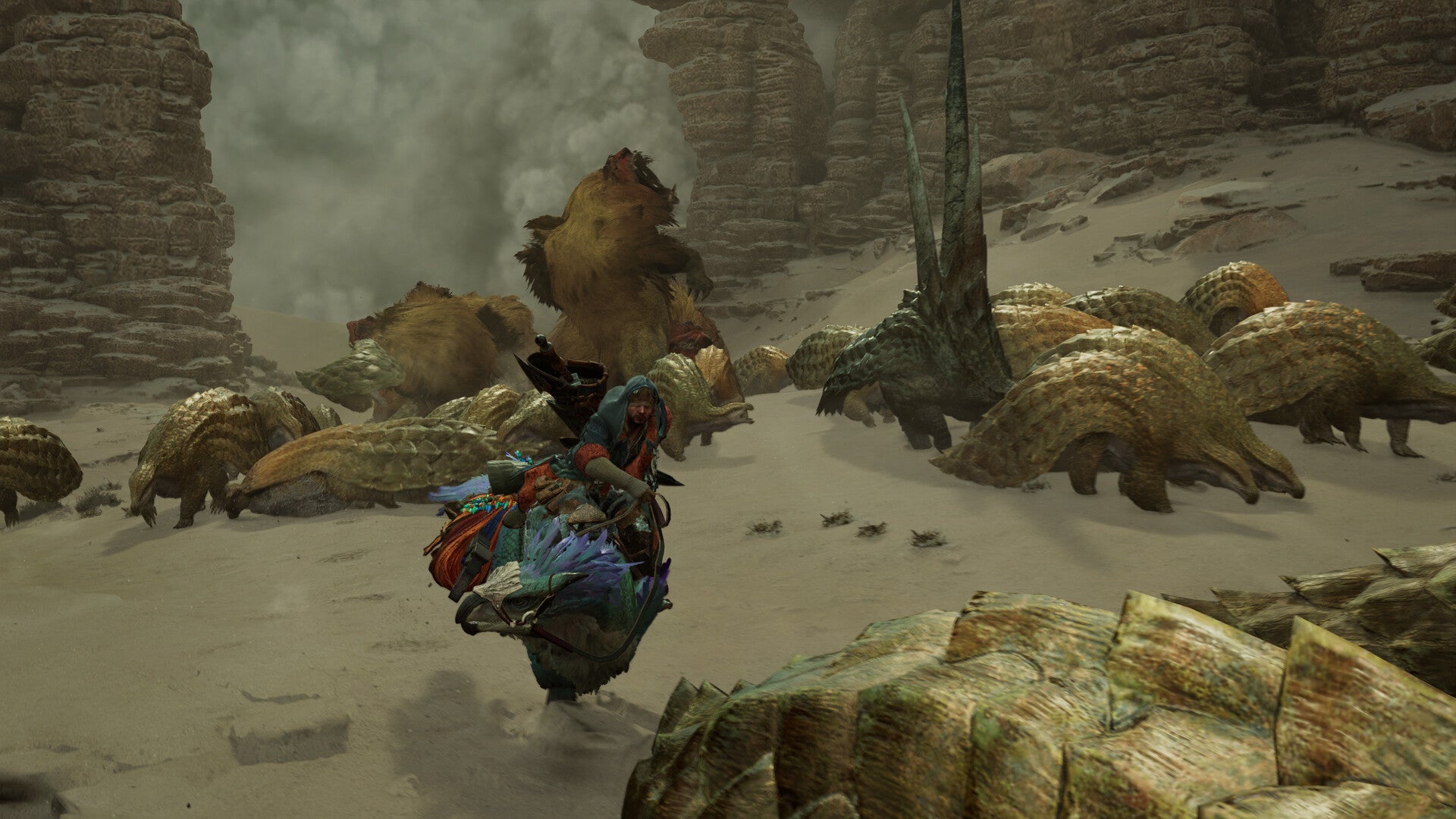 A herd of small scaly monsters fighting big furry ones in Monster Hunter Wilds - 1