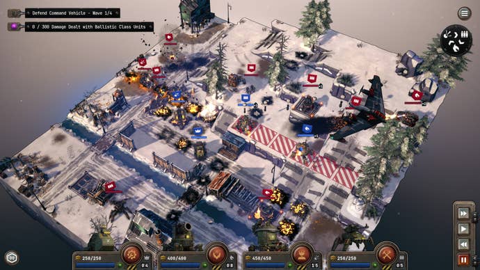 A floating snowbound map full of warring mechs, infantry and planes from Grit & Valor - 1949