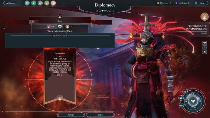A diplomatic brushwood with a needy coralperson ruler successful Endless Legend 2. The coralperson wants to surrender but nary accidental mate, we're going to tempest your cities and devour everybody.