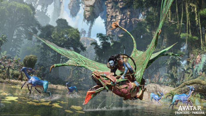 An image of Na'vi warriors riding on flying creatures in Ubisoft Massive's Avatar: Frontiers of Pandora, an adaptation of the James Cameron movie.