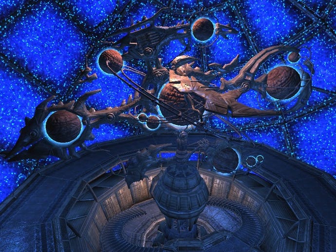 An orrery in The Elder Scrolls IV: Oblivion, with planets mounted on metal spars against a blue backdrop.