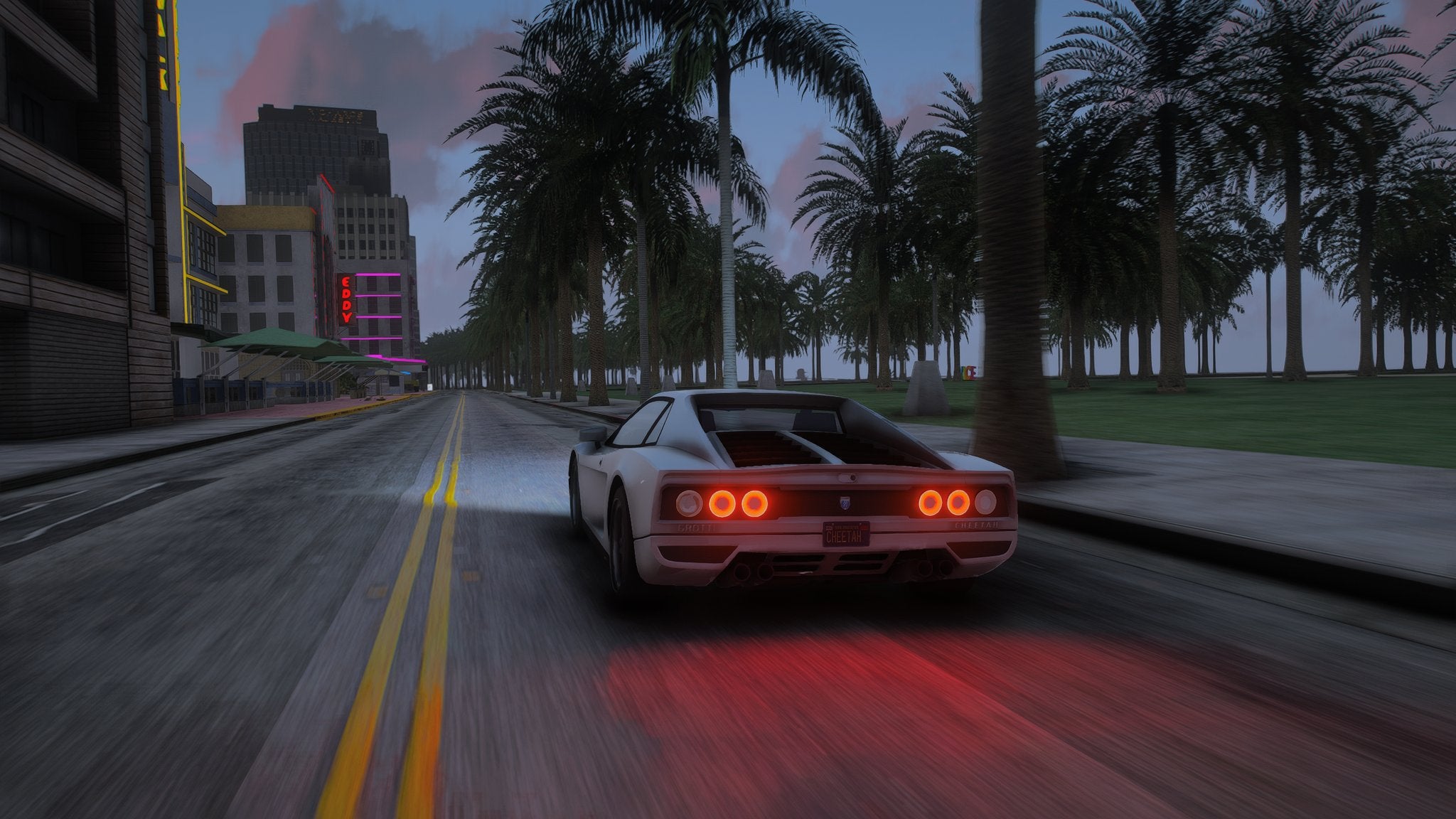 A car driving along a palm tree-lined road at night with red taillights visible in the GTA 6 Project Vice mod for GTA 5 - 8
