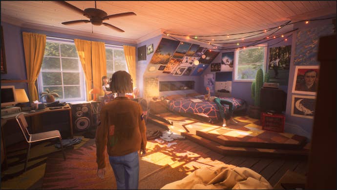 A sunlit chamber afloat of aged 90s memorabilia specified arsenic posters and cassette tapes, from Mixtape. In the foreground a miss is walking guardant towards 2 different kids lounging connected the furniture and desk.