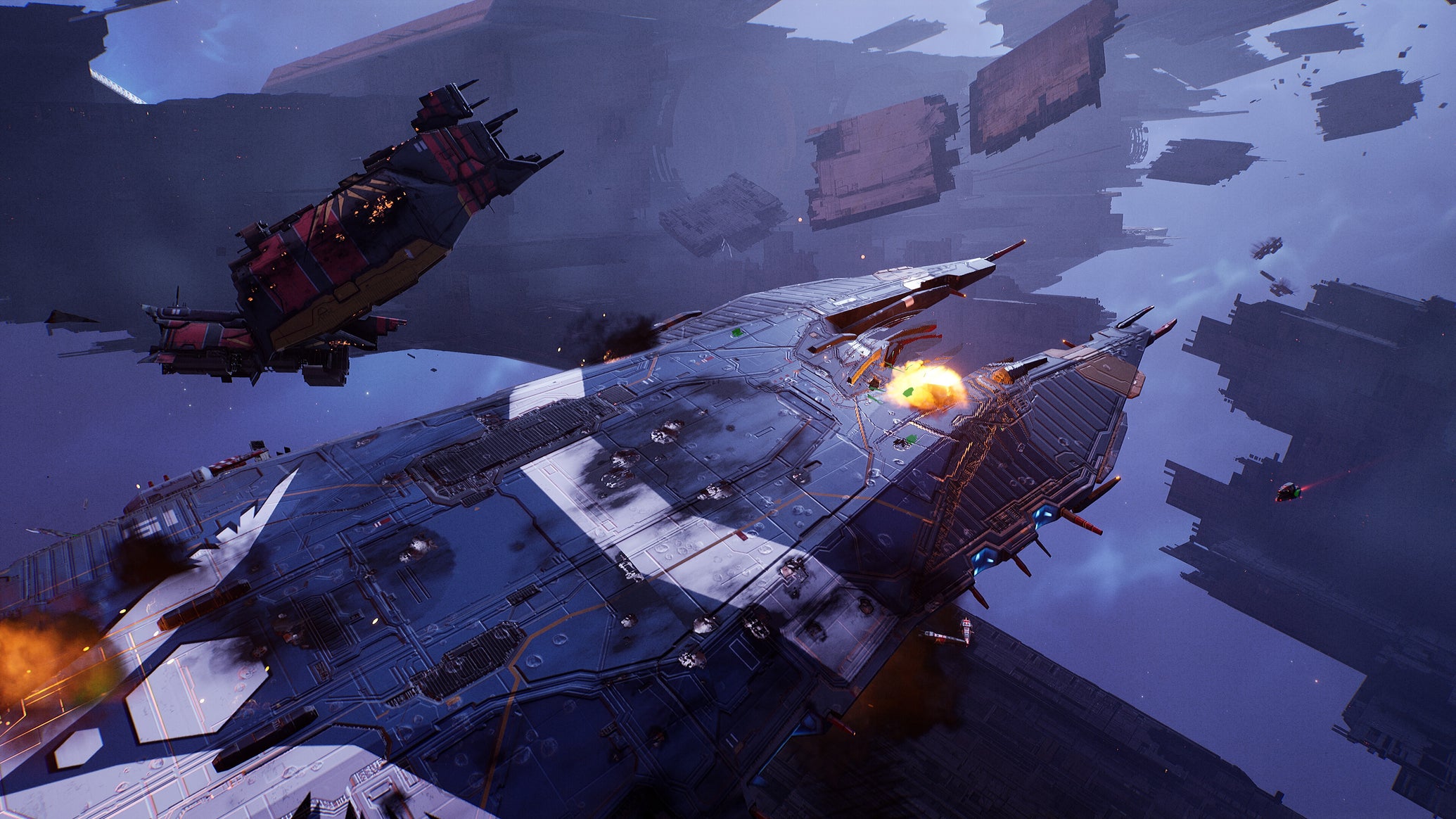 A close-up of a battle-damaged capital ship in Homeworld 3 against a backdrop of floating wreckage - 16