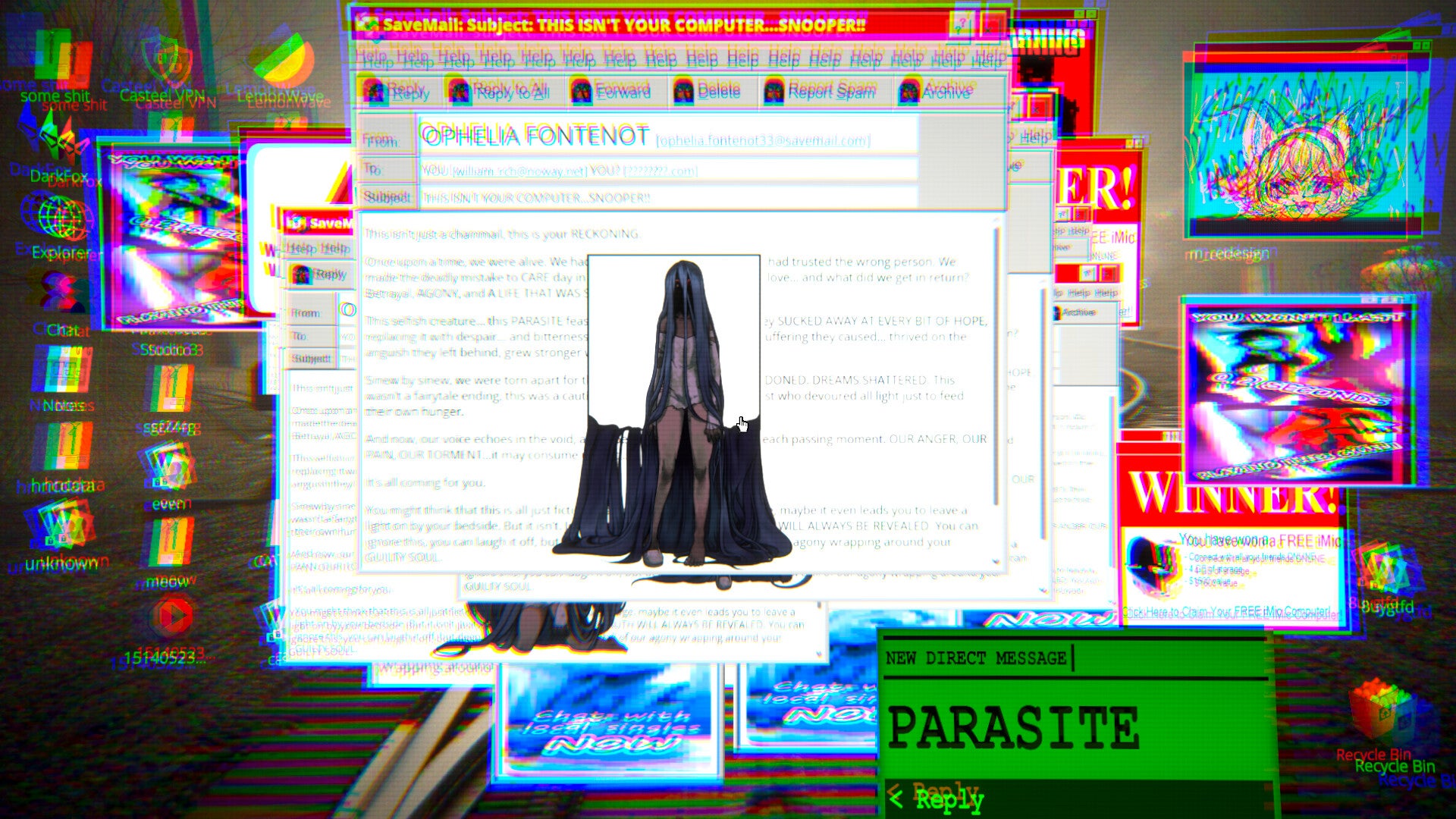 A blurry mass of desktop windows full of menacing images and messages like "PARASITE".