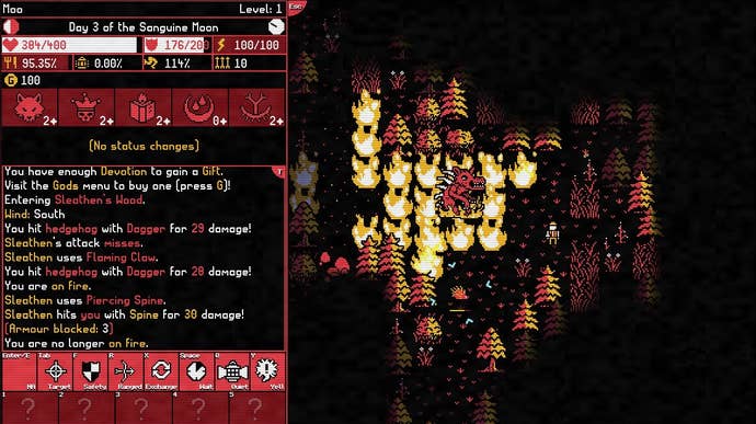 A screenshot of a fire in tile-based RPG Moonring, with red menus on the left floating against a black forest background