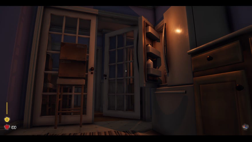 An ominous view of a kitchen with an open fridge from the perspective of a toddler