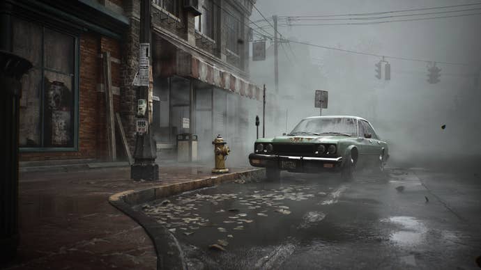 A view of a misty street with a parked car in the Silent Hill 2 remake