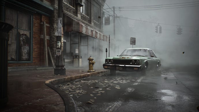 A view of a misty street with a parked car in the Silent Hill 2 remake