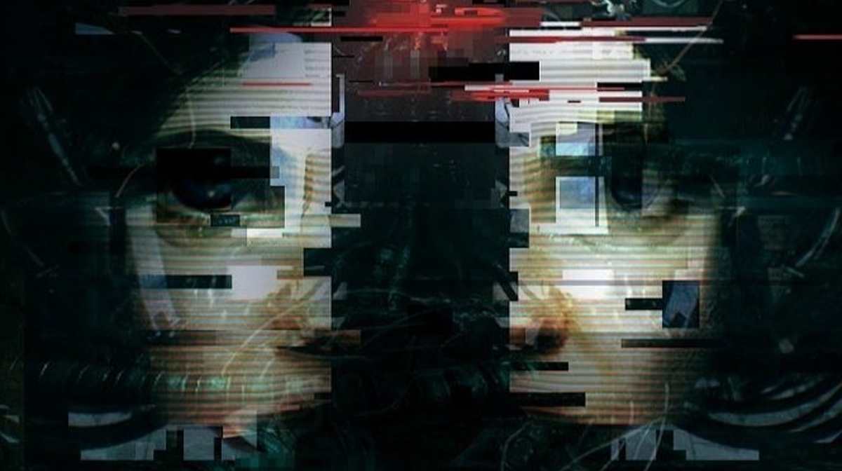 A nightmarishly divided and distorted image of a woman's face with red-lit machinery in the darkness behind, from Soma.