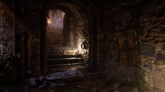 A dark hallway from a Ghost Of A Tale sequel, showing stairs climbing up through pools of candelight with weathered stone visible in the glow