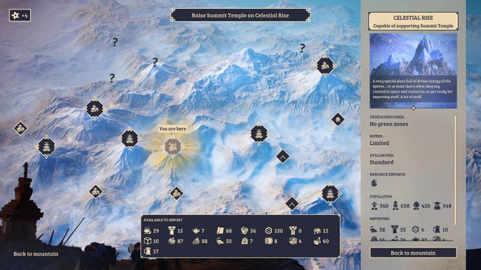 A screenshot of the world map in Laysara: Summit Kingdom’s sandbox mode, showing several mountain towns with an info panel on the right