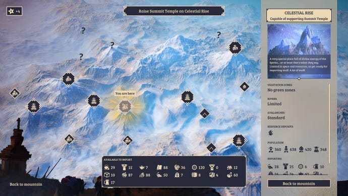 Summit Kingdom's sandbox mode, showing respective upland towns with an info sheet connected the right