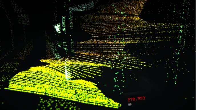 A swathe of hill and tree trunk illuminated by a LiDAR scanner in a sweeping, haphazard fashion from LiDAR Exploration Program