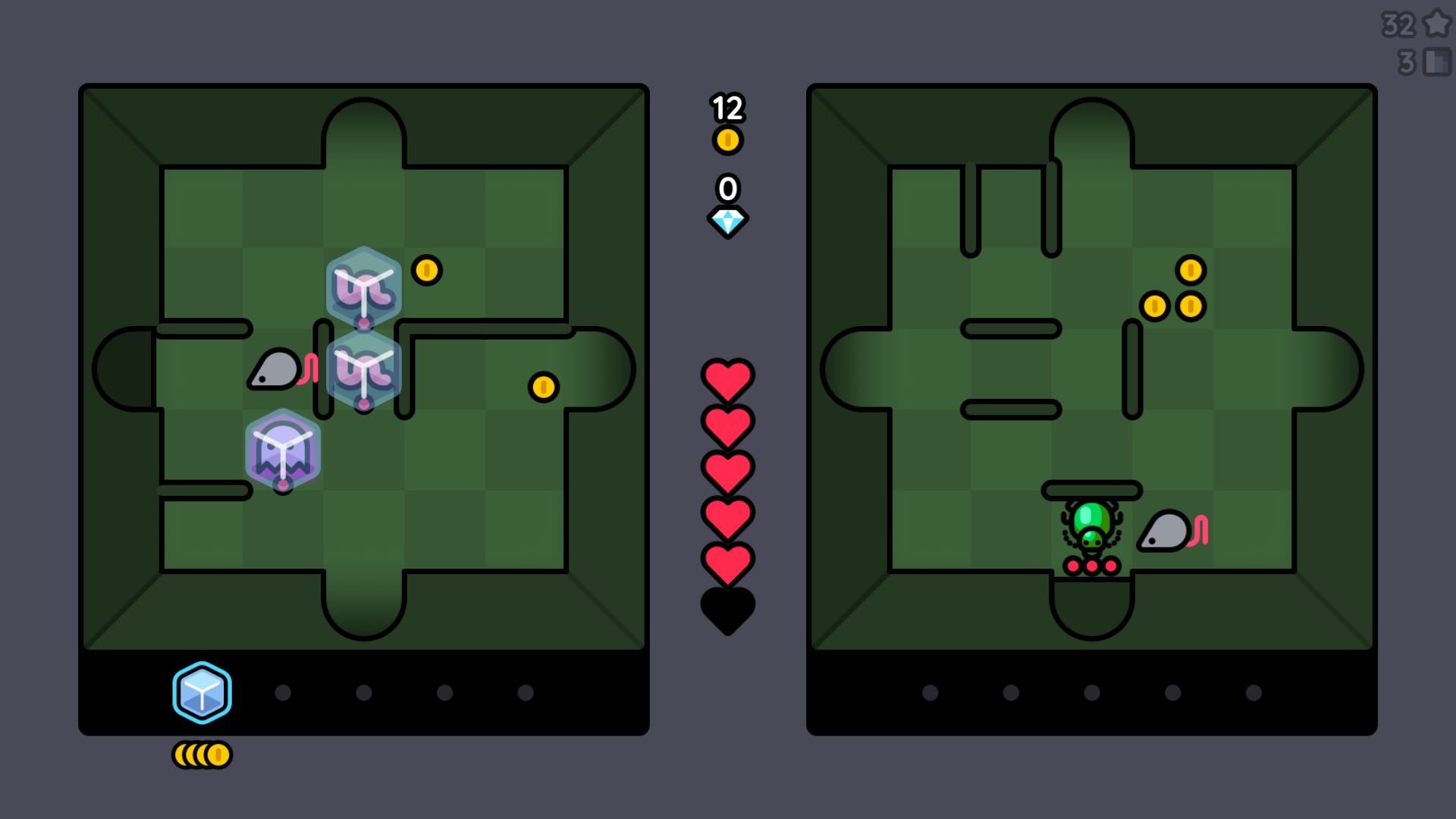 A screenshot of Rat King, showing two parallel dungeon layouts consisting of 5x5 floor tiles with different enemies and collectibles - 1