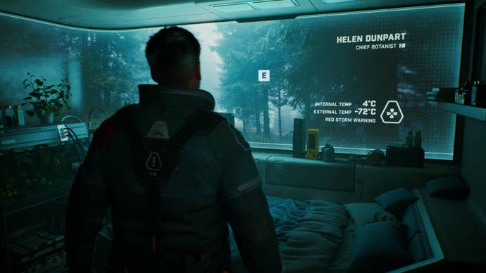 Player character Jack looking at a holographic “window” of a forest in somebody’s personal quarters in spooky space game Fort Solis.
