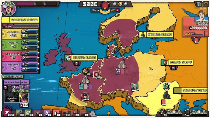 A screenshot of the Fabulous Fear Machine, showing the player trying to seed mass hysteria in western Europe.