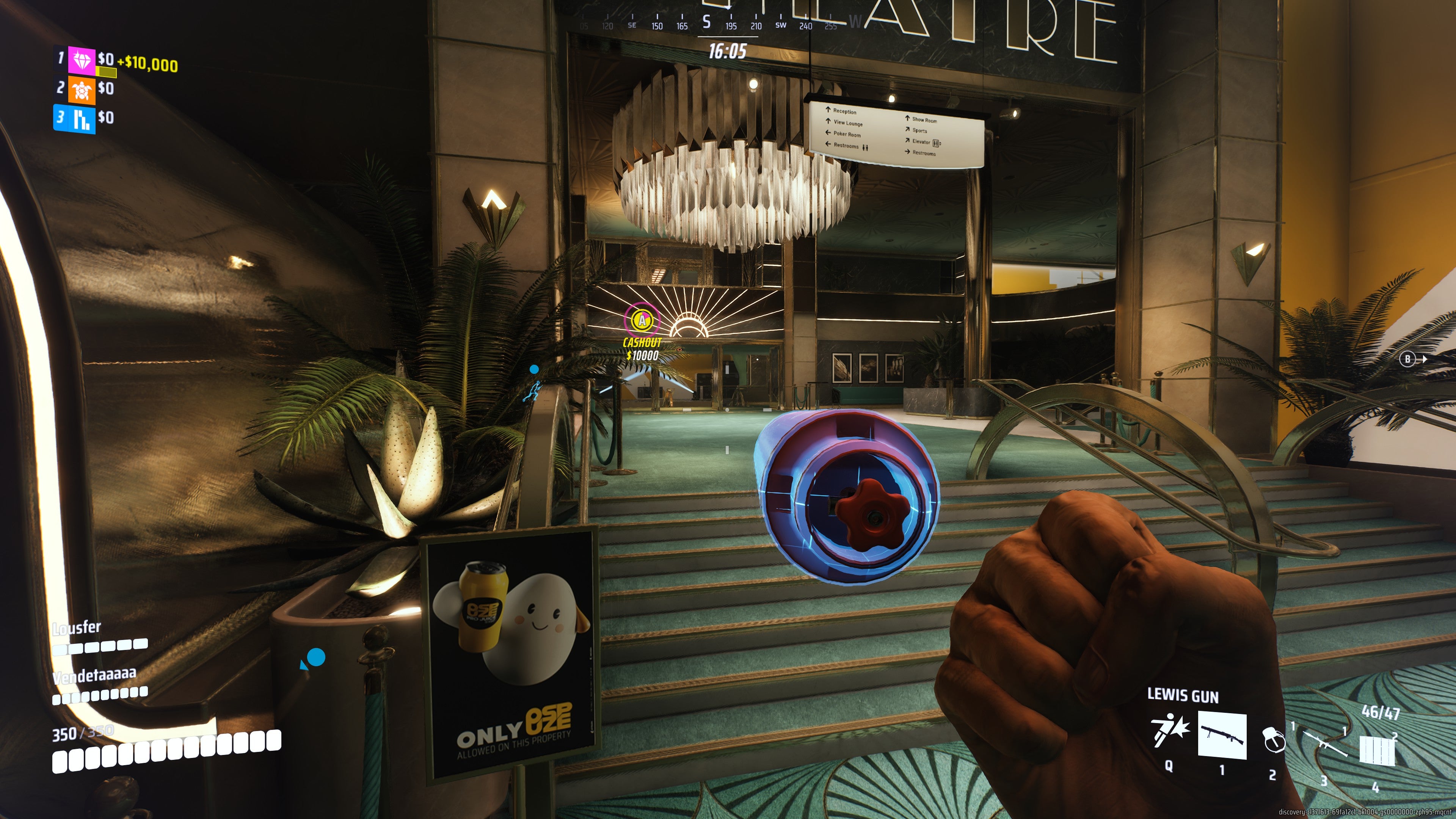 A screenshot of the finals, depicting the player holding up a red propane tank with telekinesis.