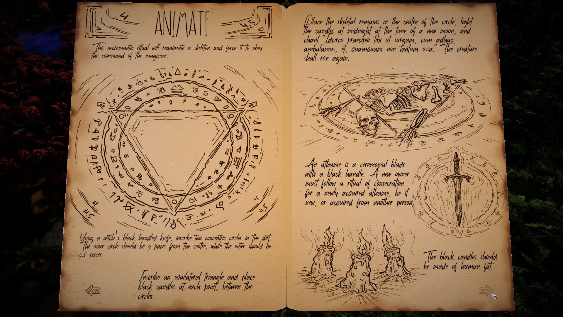 A necromancer's spellbook full of circles and triangles and drawings of hideous thibgs and objects, with scrawly handwritten text - 4