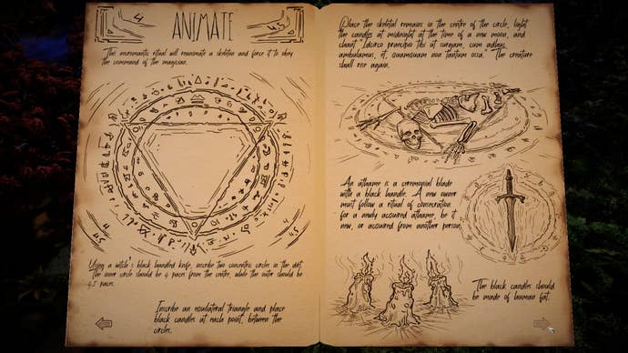 A necromancer's spellbook full of circles and triangles and drawings of hideous thibgs and objects, with scrawly handwritten text