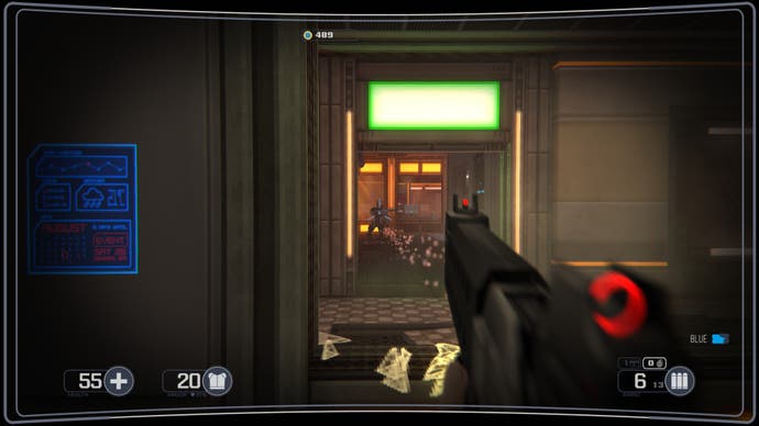 A screenshot of Selaco, showing the player shooting a rifleman through a series of open doors.