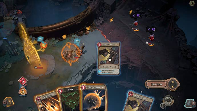 A battle from As We Descend, with a golden hologram on the left and cards being played to have soldiers attack squidgy monsters on the right hand side
