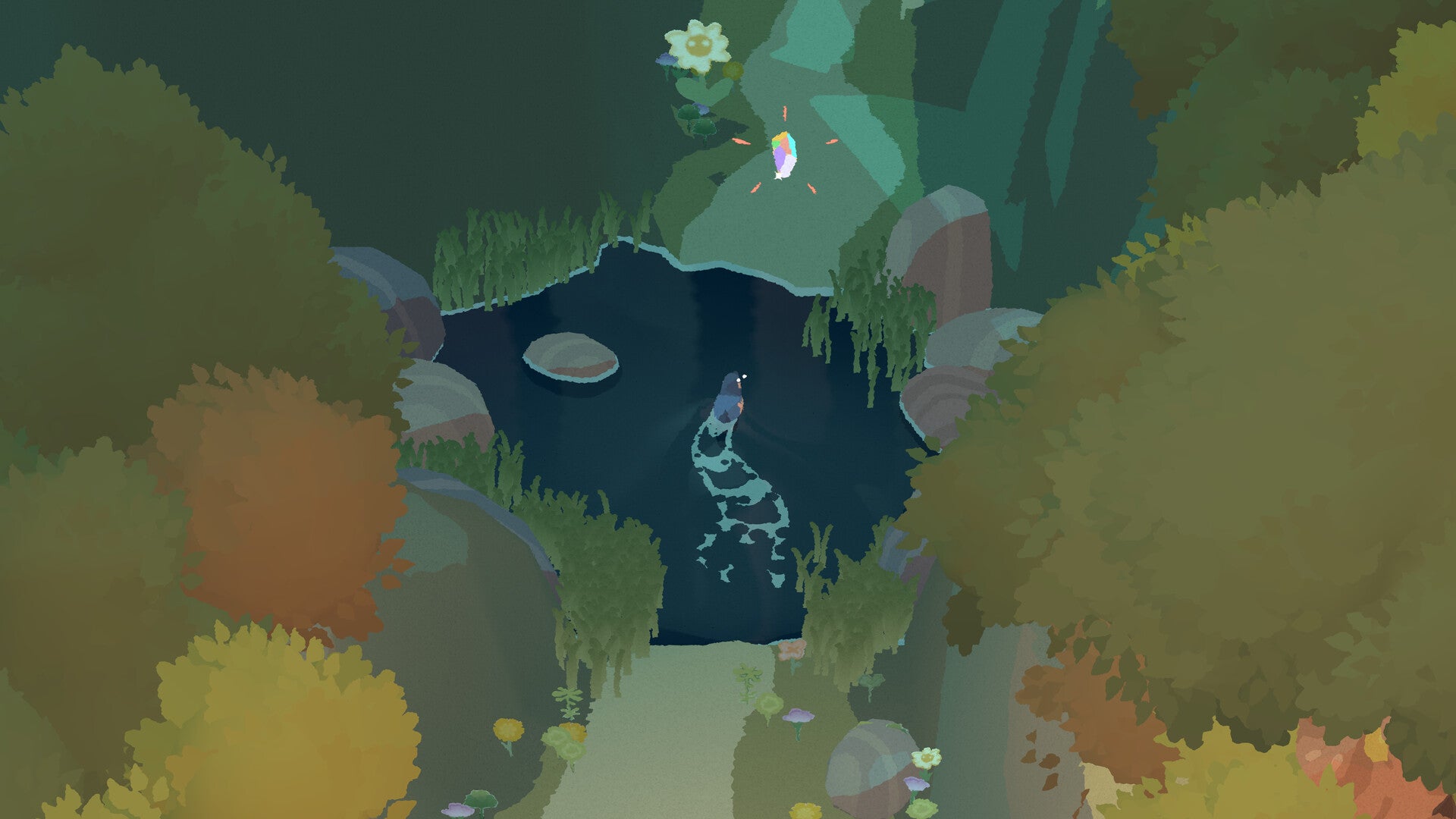 A magpie hopping through a pool in a forest towards a gem on a boulder, from Bad Magpie.