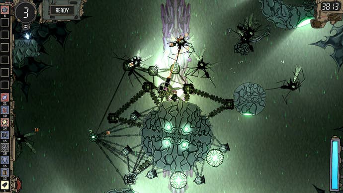 A makeshift 2D airship built retired of sticky flying orbs and weapon turrets, surrounded by elephantine insects. From Cleanfall.