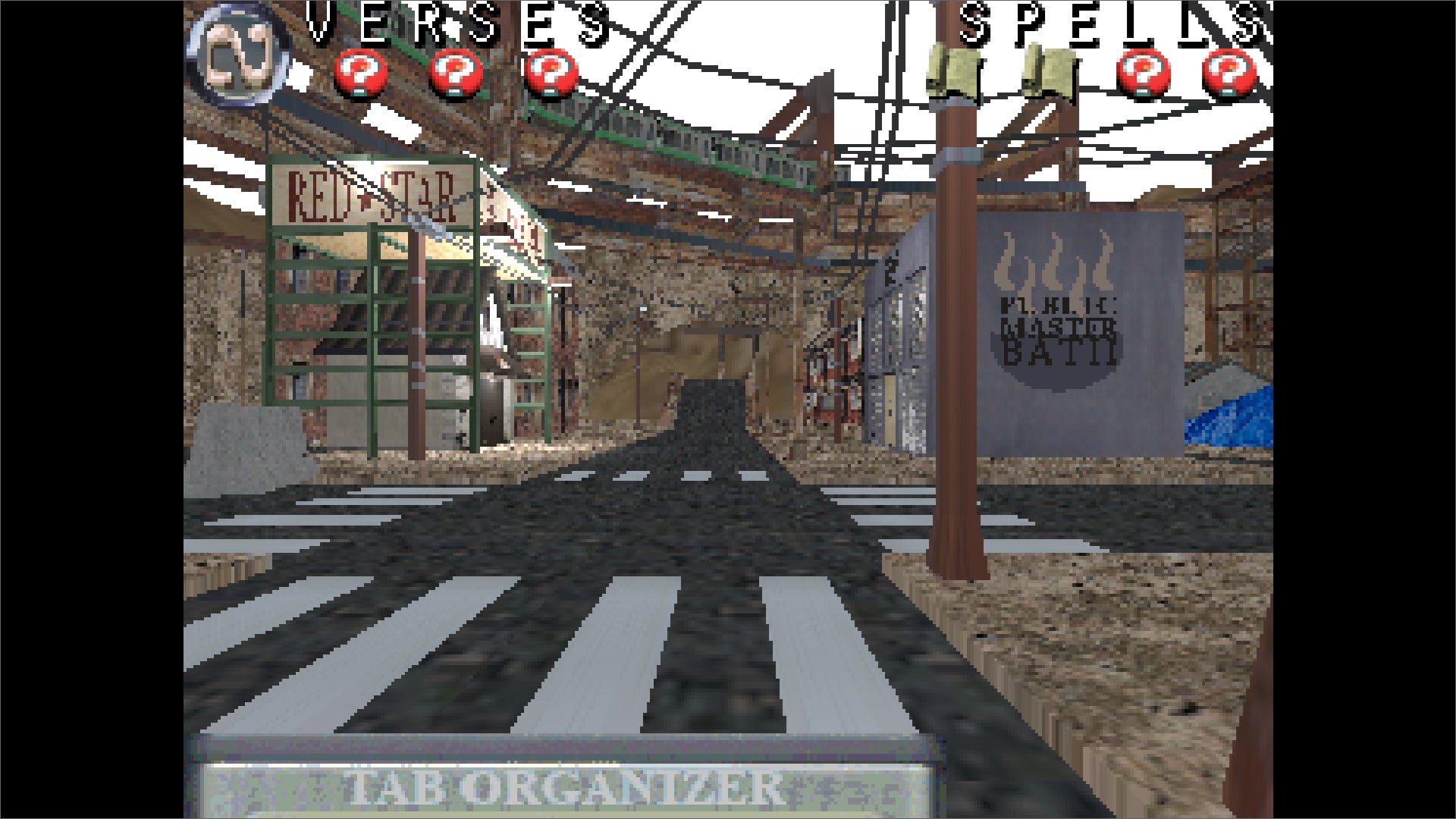 A view of a pixellated city street with striped crossings and electric wires and a green train crossing a flyover in the distance, from the poetry typing RPG Three Verses - 1