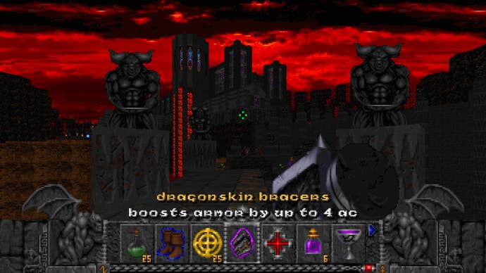 A screenshot of Hexen: Vestiges of Glory, showing the player character looking at a vast stone chapel built onto a rocky outcrop seeping lava down its face.