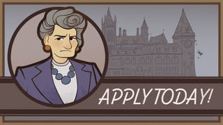 Miss Mulligatawney's School for Promising Girls artwork showing a stern woman in front of a sprawling old school, where a tiny sihouetted person can be seen crashing out of a tower window and falling to their apparent doom.