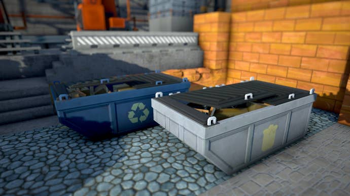 A pair of garbage dumpsters