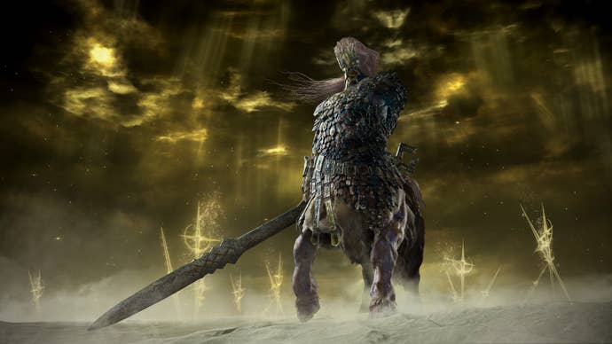A hulking one-armed horseman with a large sword and a look and thorax armour, surrounded by aureate crosses successful Elden Ring Nightreign