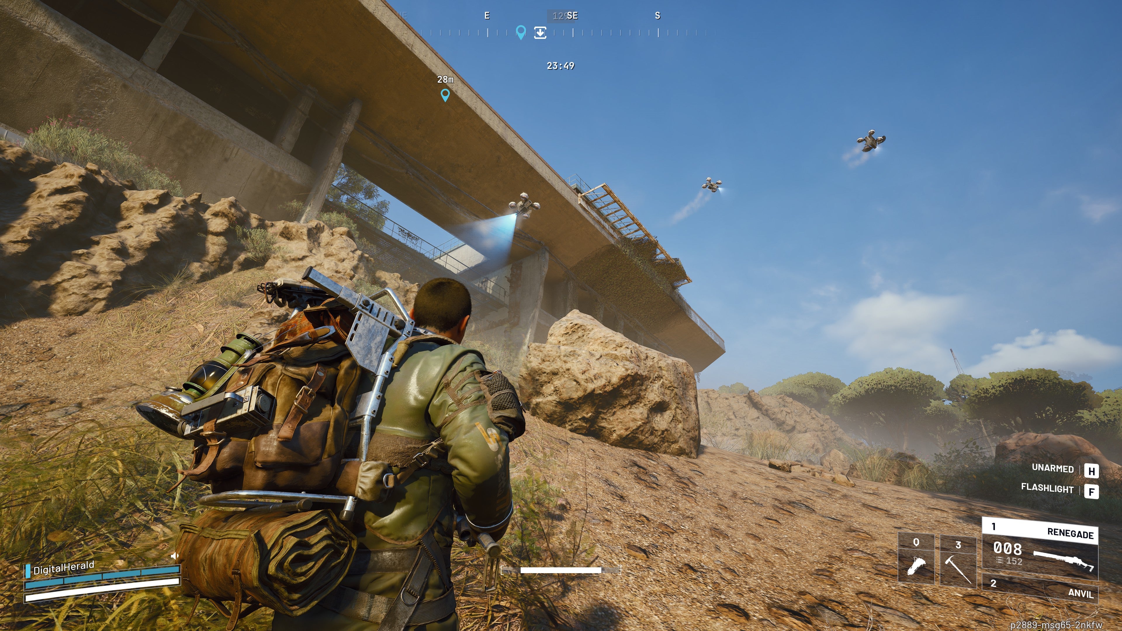 A Screenshot of Arc Raiders, showing the player watching drones fly overhead in the rocky landscape beneath a water treatment centre.