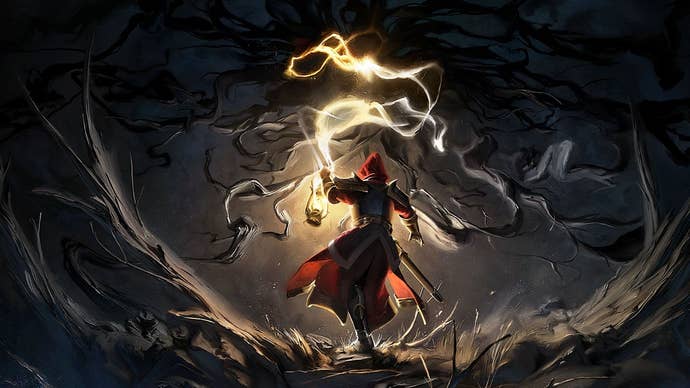 A red-robed figure with energy pouring out of their hand, advancing away from you into the woods in Mandragora: Whispers Of The Witch Tree