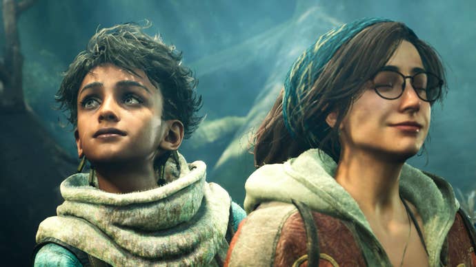 Monster Hunter Wilds screenshot showing close up of young boy and woman with glasses