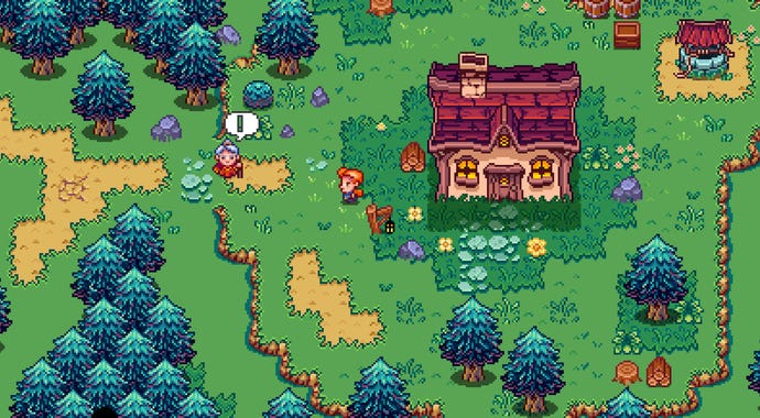 Ein Haus mit zwei Charakteren, die in der Nähe inmitten eines Waldes stehen, und einem Brunnen in der oberen rechten Ecke der Ansicht
