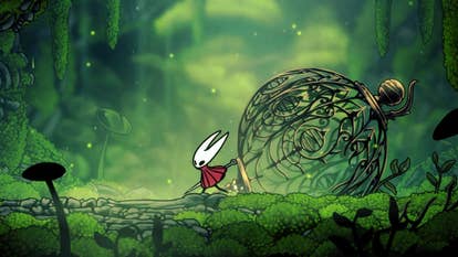 Hollow Knight Silksong screenshot showing close up of red and white Hornet character in lush green environment next to metallic orb