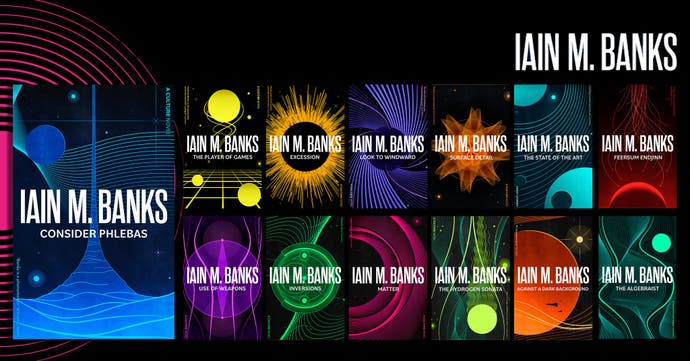 An image showing the new covers for Iain M Banks' reissued Culture novels - each cover has a simple, Tarot-like graphic of a planet or sci-fi hook